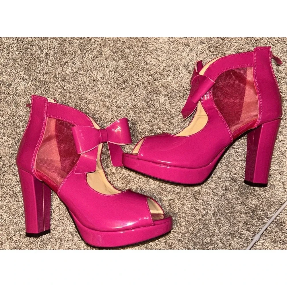 MAIERNISI JESSI Hot Pink Patent Bow Mesh Platform Heels Pumps Womens 9.5 EU 41